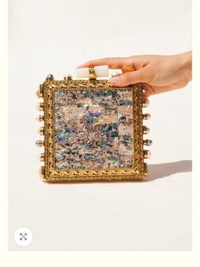 Iridescent Abalone Square Minaudière Clutch with Gold Frame